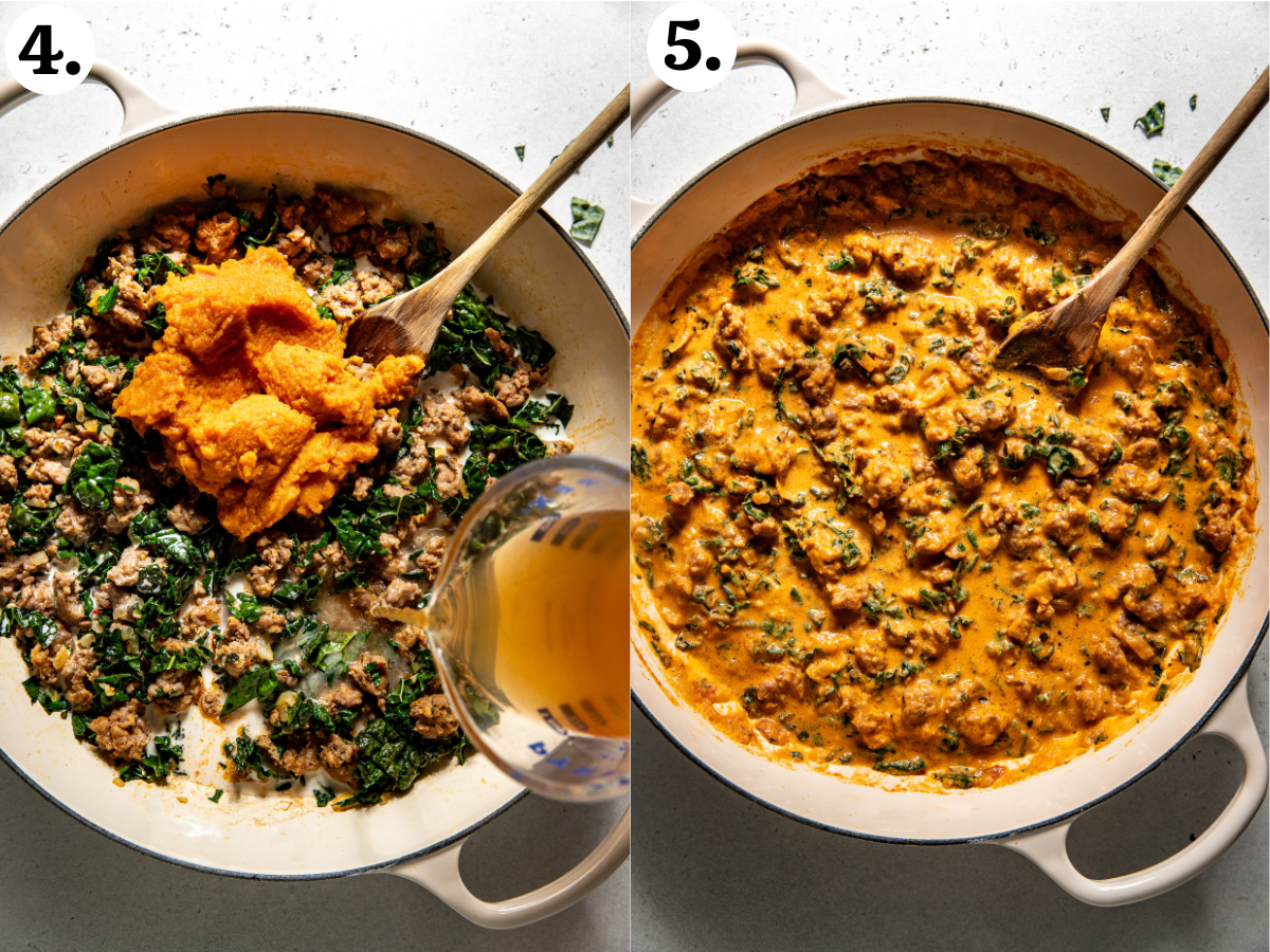Pumpkin, broth, and half and half being added to pan and sautéed until the sauce thickens.