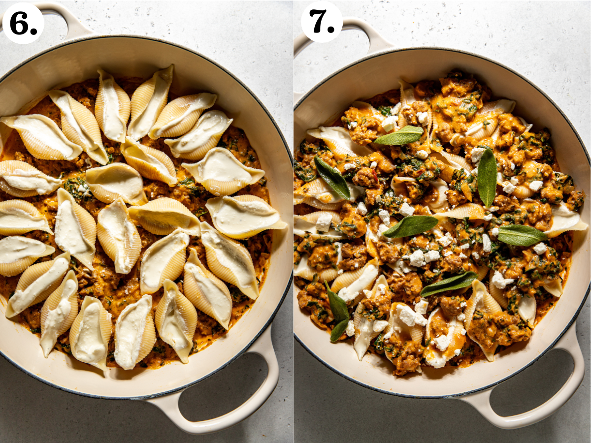 Shells being filled with whipped feta mixture and baked in pumpkin sauce.