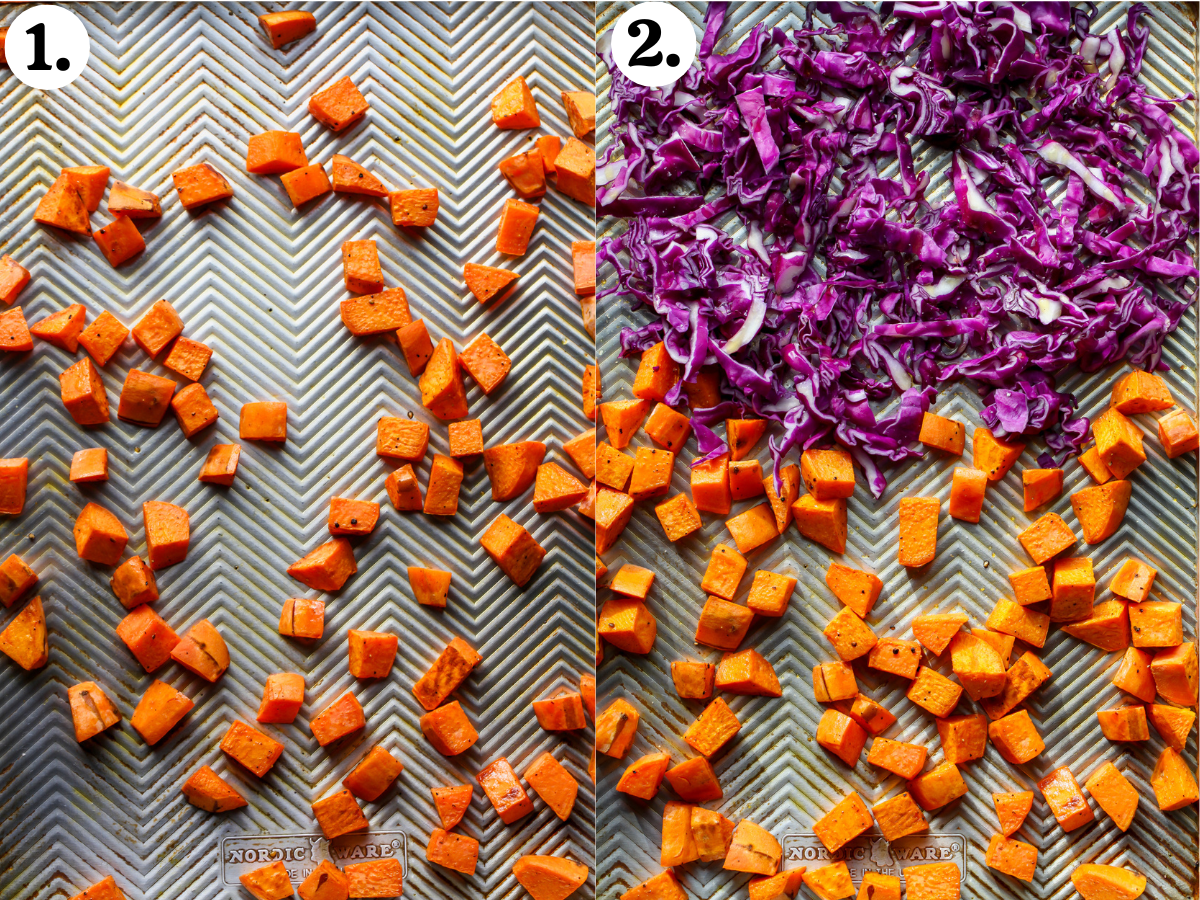 Sweet potatoes and cabbage being roasted on a large rimmed baking sheet.