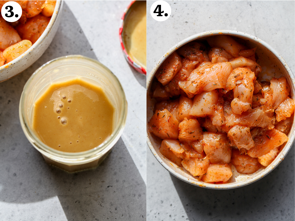 Honey mustard dressing being mixed in a jar, and chicken being season with spices in a bowl.