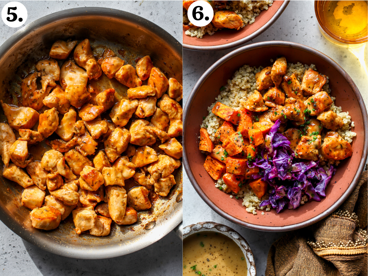 Chicken being sauteed in a skillet, and bowls being assembled in a maroon bowl.