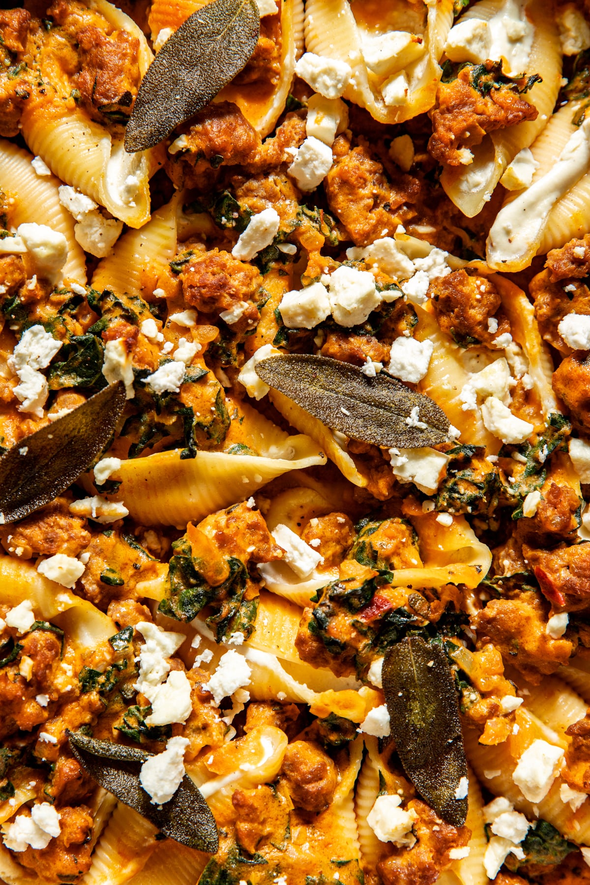 Spicy pumpkin and feta stuffed shells topped with crispy sage leaves and extra feta.