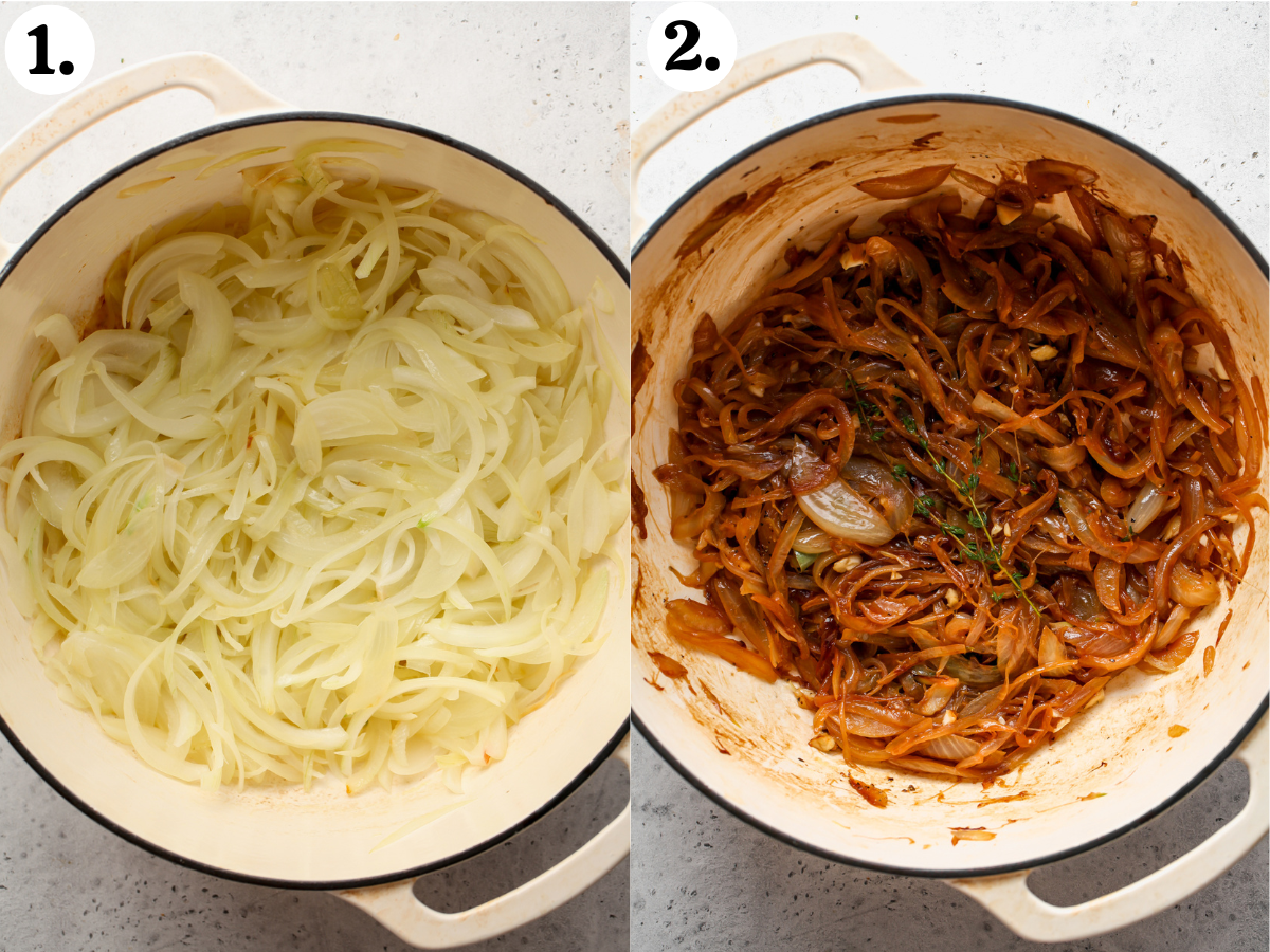 Onions being caramelized in a Dutch oven, and aromatics being mixed in at the end.