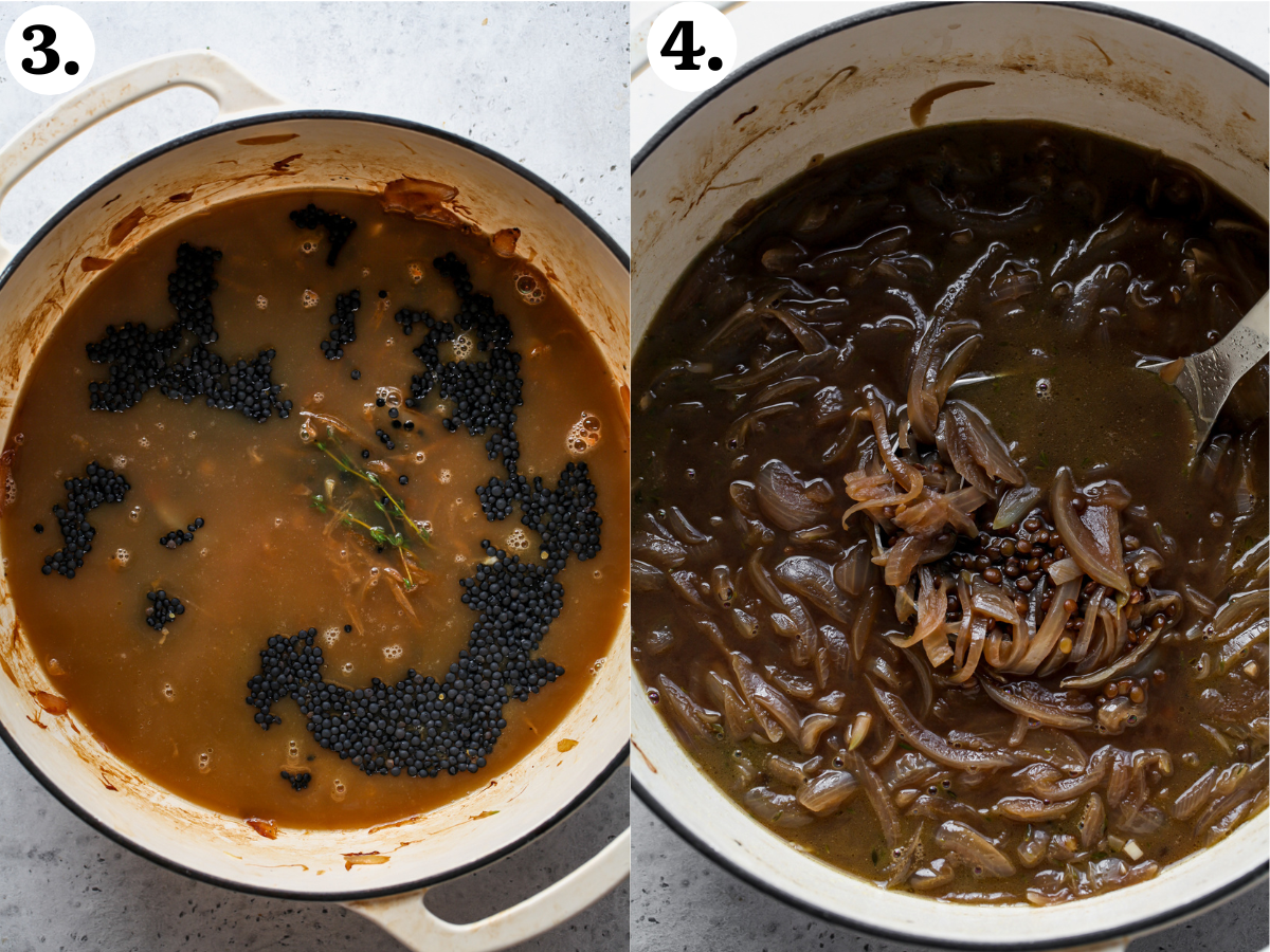 Lentils and broth being added to the pot, and the soup being simmered.