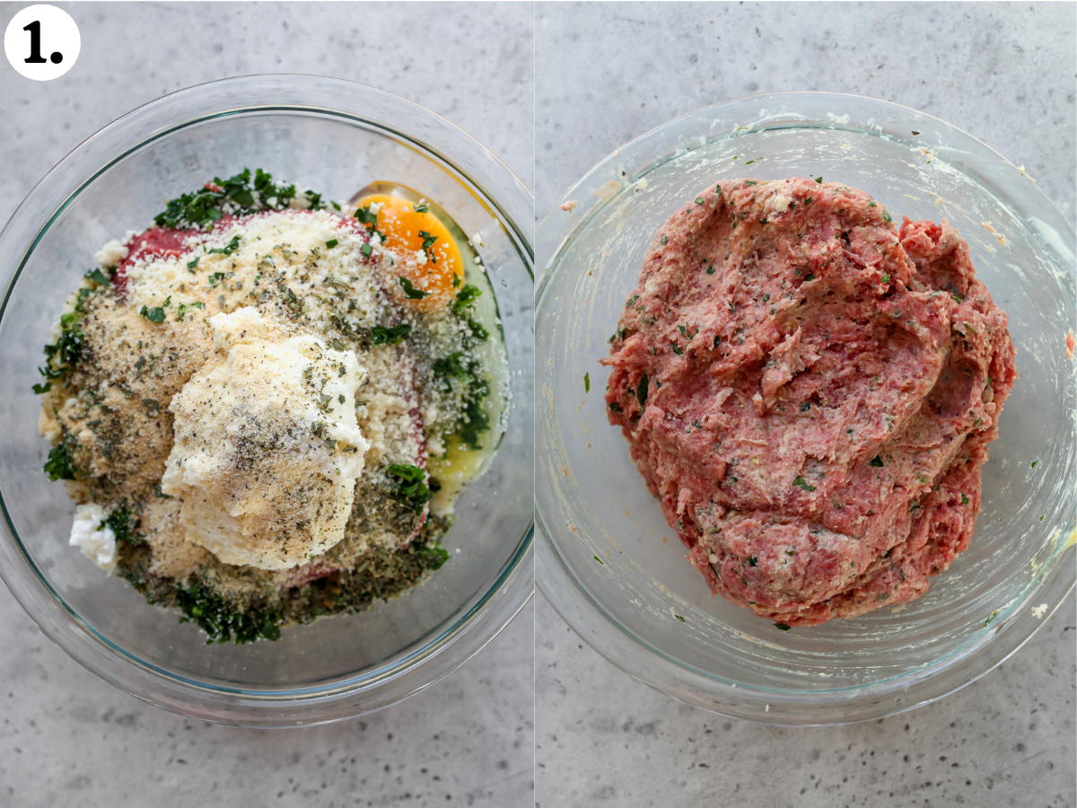 The meatball mixture being combined in a glass mixing bowl.