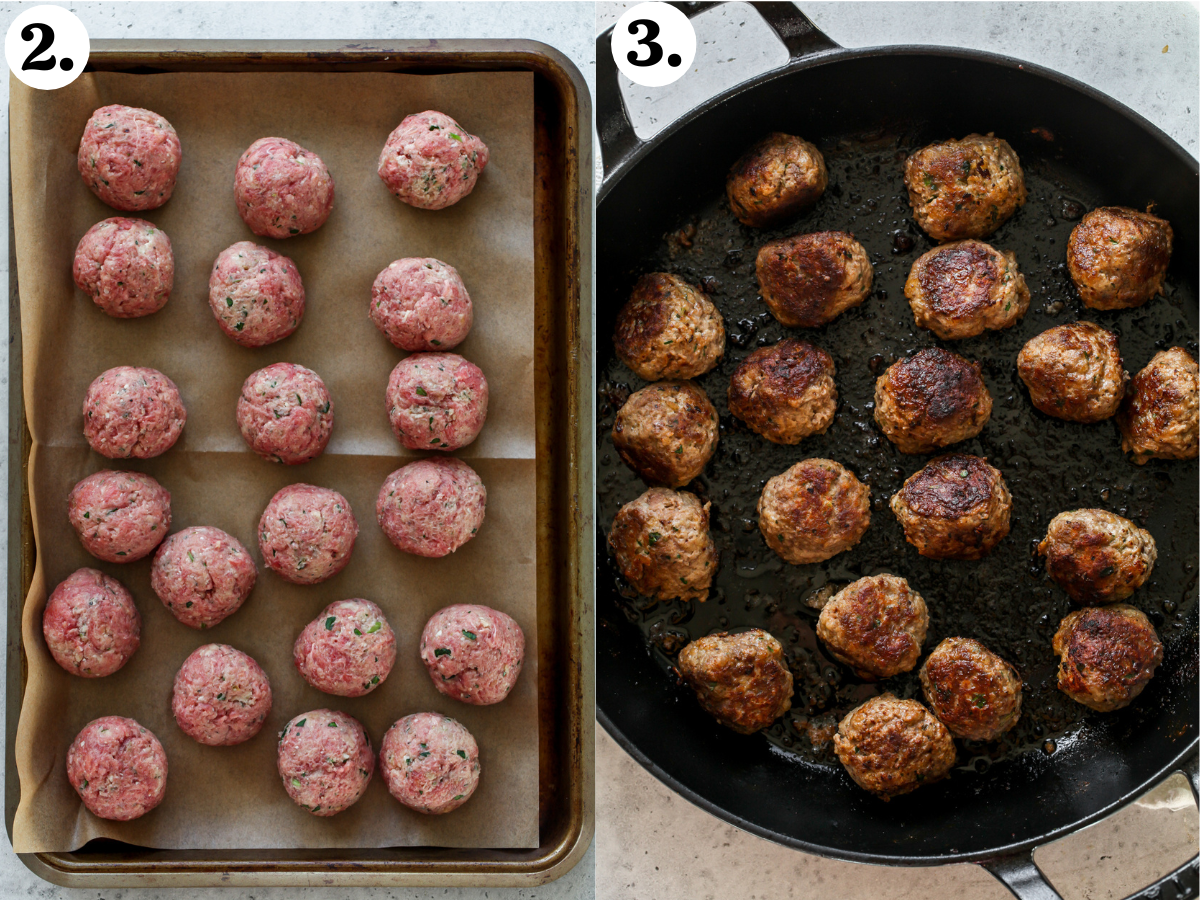 Beef mixture being rolled into balls, and meatballs being sautéed in a cast iron skillet.