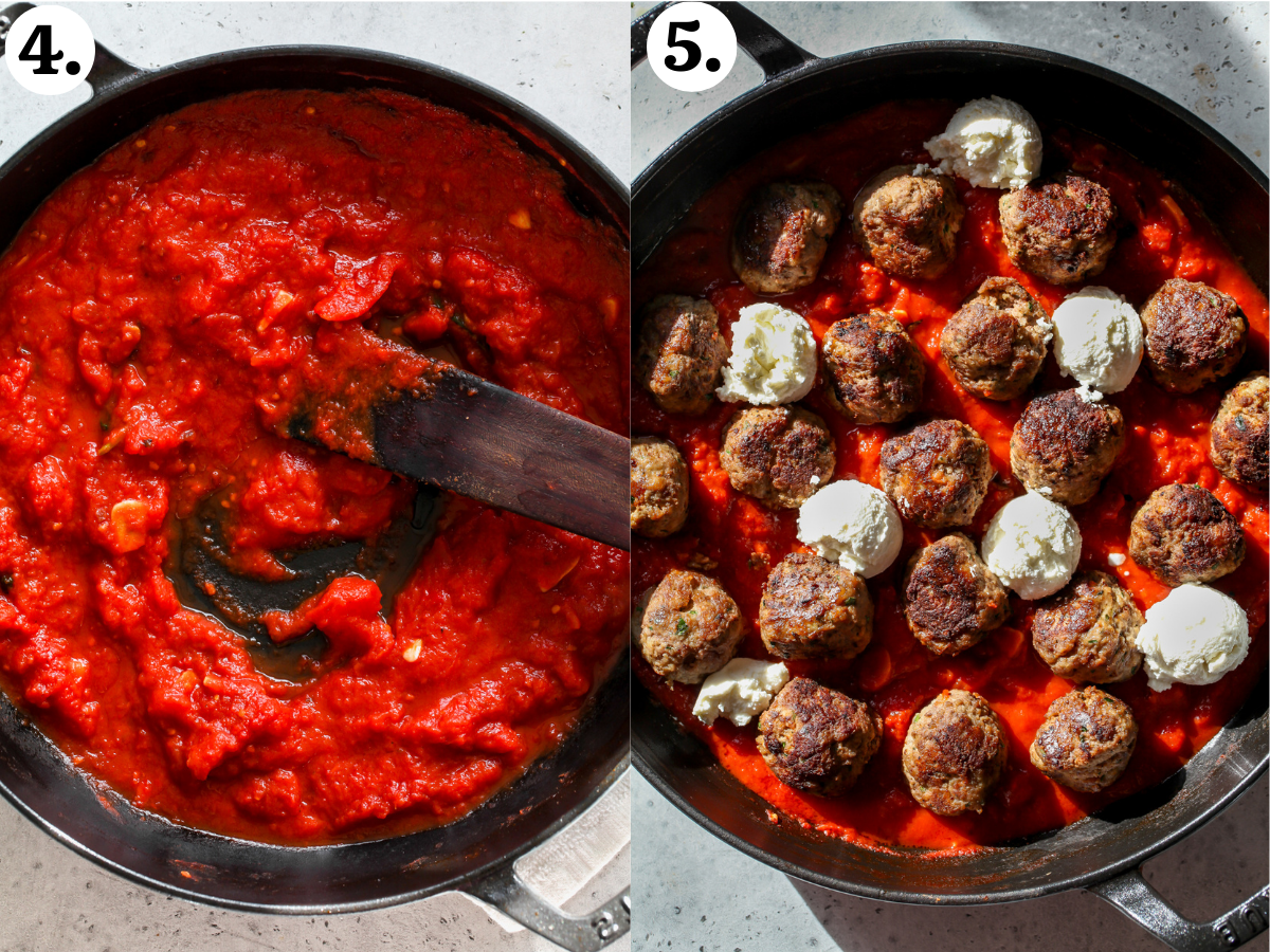 Tomato-basil sauce being simmered in a skillet, and meatballs and dollops of ricotta cheese being added to pan.