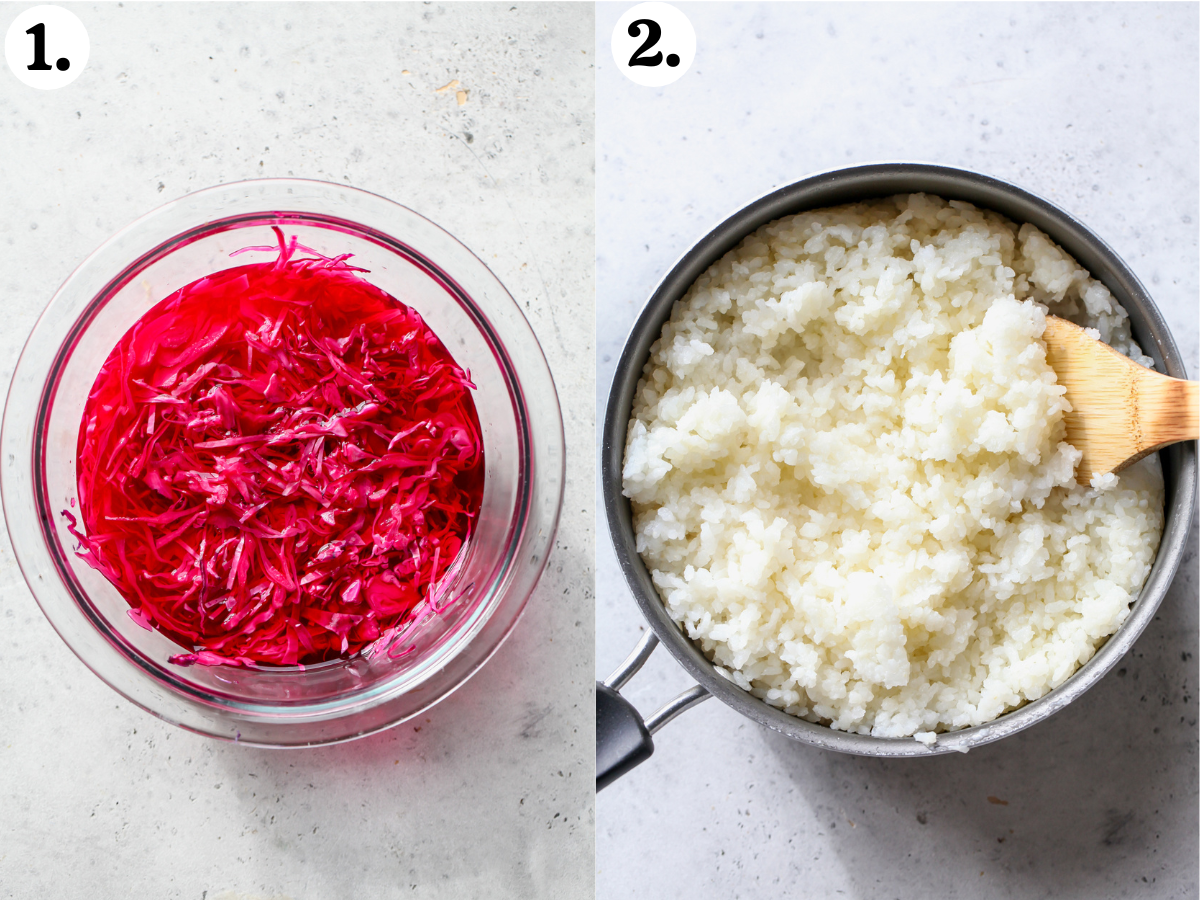 Cabbage being pickled in a clear glass bowl, and sushi rice being boiled in a saucepan.