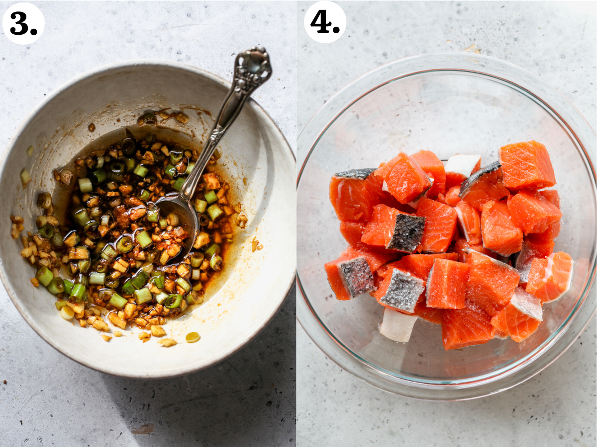 Ginger-Scallion Sauce being mixed in a bowl, and salmon shown cubed in a separate clear glass bowl.
