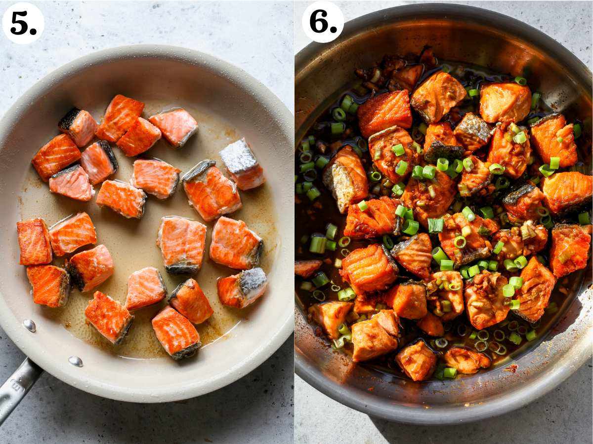 Salmon being cooked in a skillet, and Ginger-Scallion Sauce being poured in.
