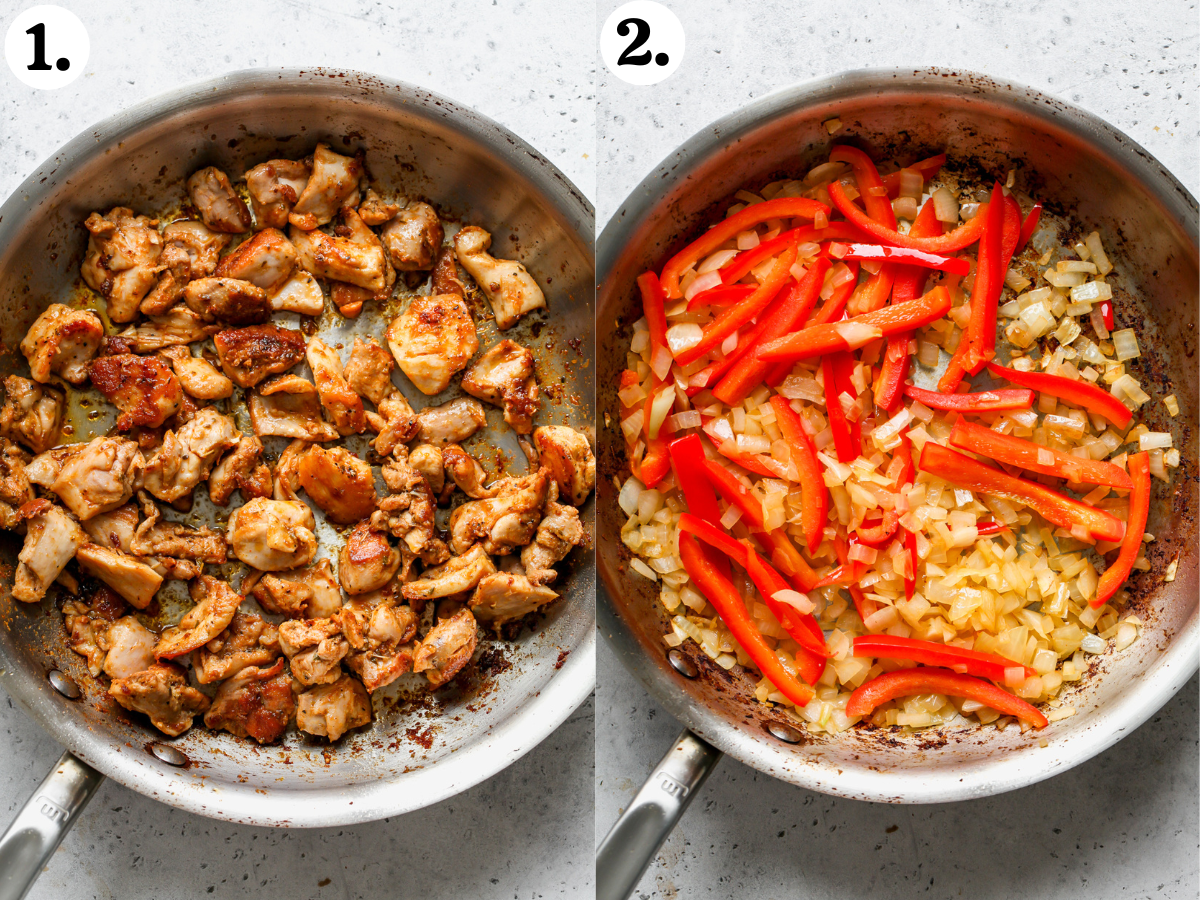 Chicken being sautéed in a skillet, and veggies being cooked until softened.