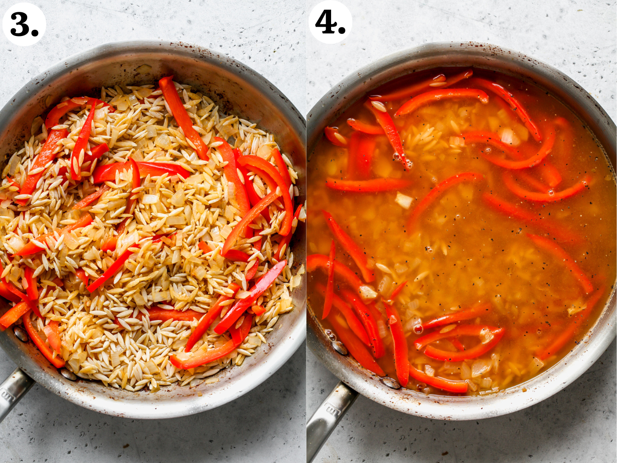 Orzo, broth, salt, and pepper being added to skillet with onion and bell pepper.