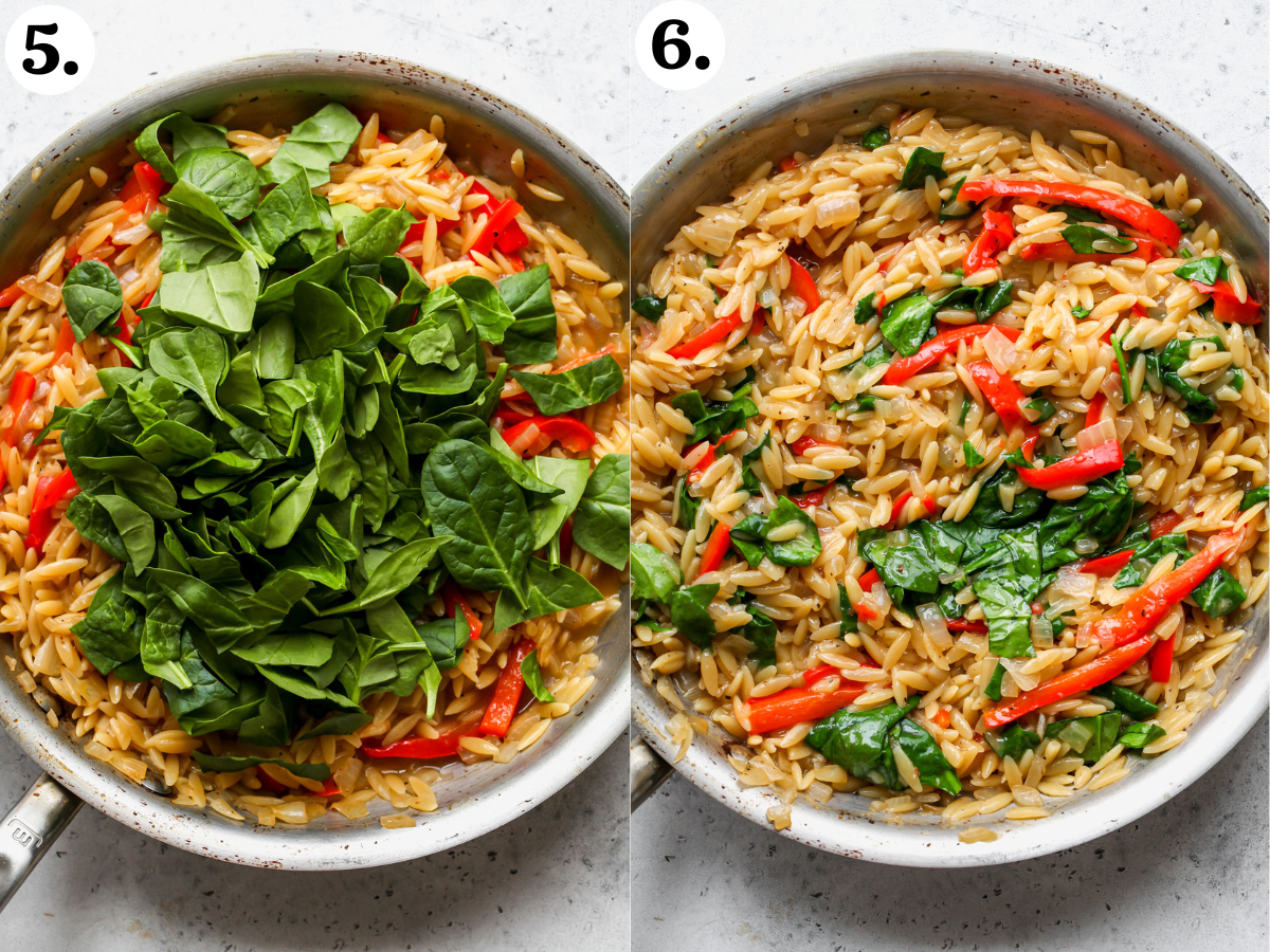 Spinach being added to pan of orzo and cooked until wilted.