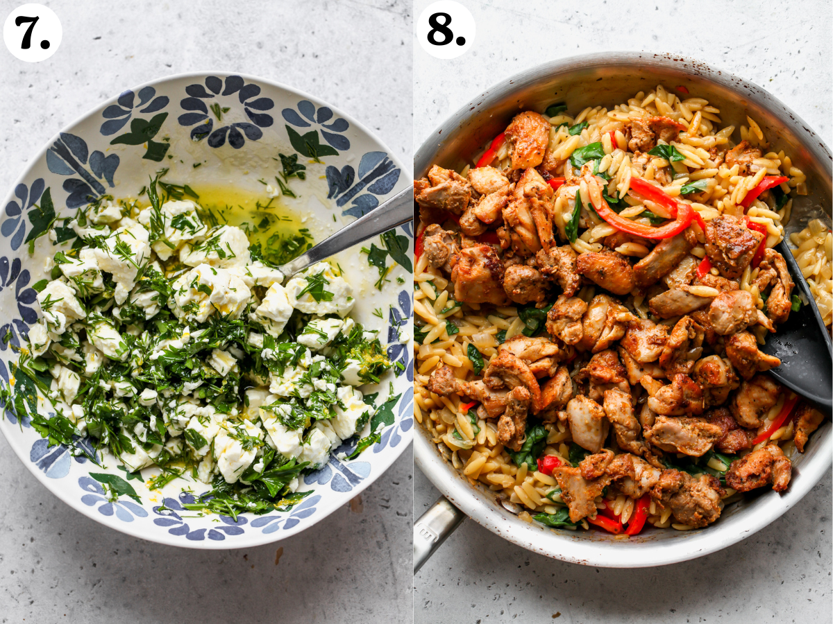 Marinated feta mixture being made in a blue and white bowl, and chicken being added to the pan of cooked orzo pasta.