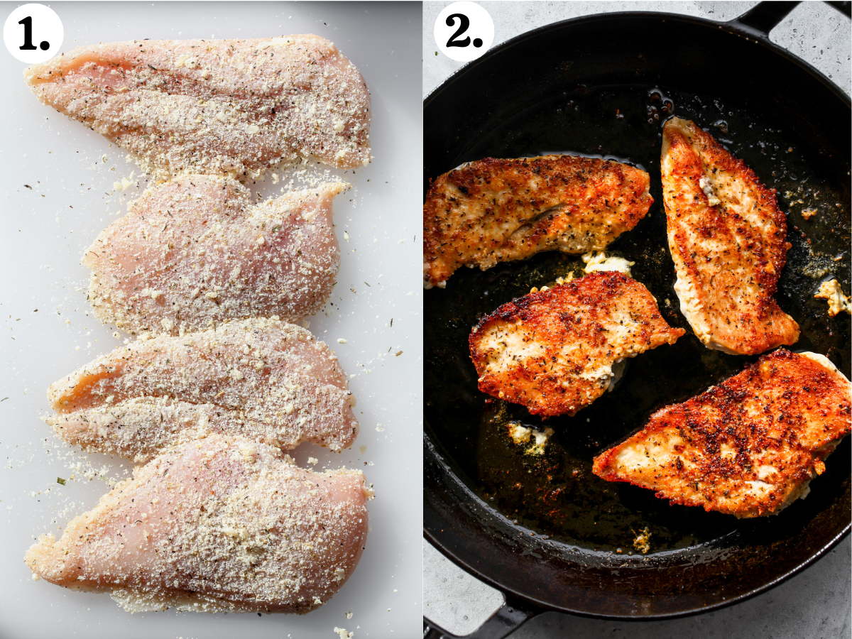 Chicken cutlets being seasoned with Parmesan blend and seared in a cast iron skillet until golden and crisp.