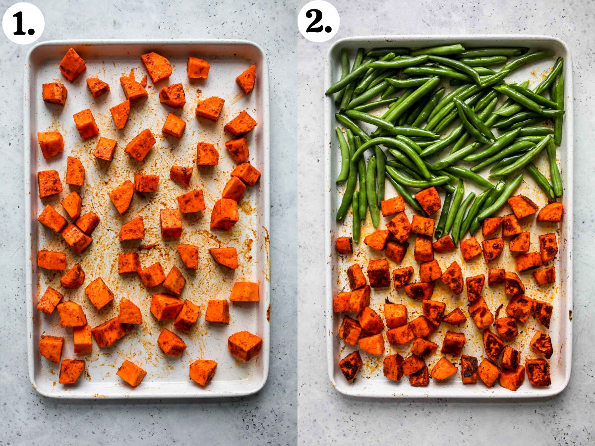 Roasted sweet potatoes on a baking sheet, and green beans being added after roasting.