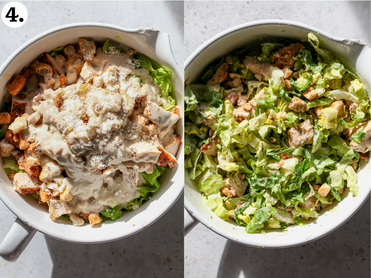 All of the salad ingredients being combined in a large white mixing bowl and tossed to combine.