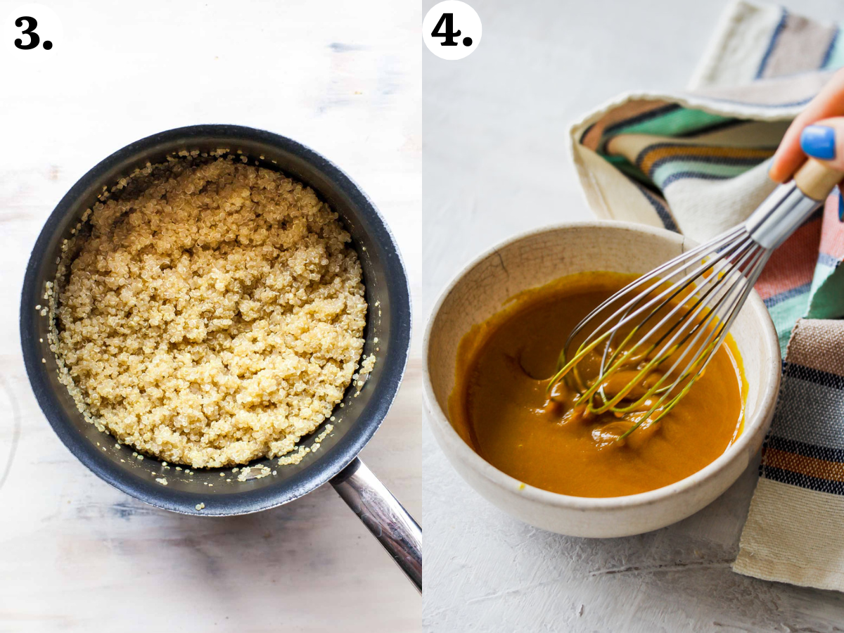 Quinoa being cooked in a saucepan, and turmeric honey mustard sauce being whisked in a white bowl.