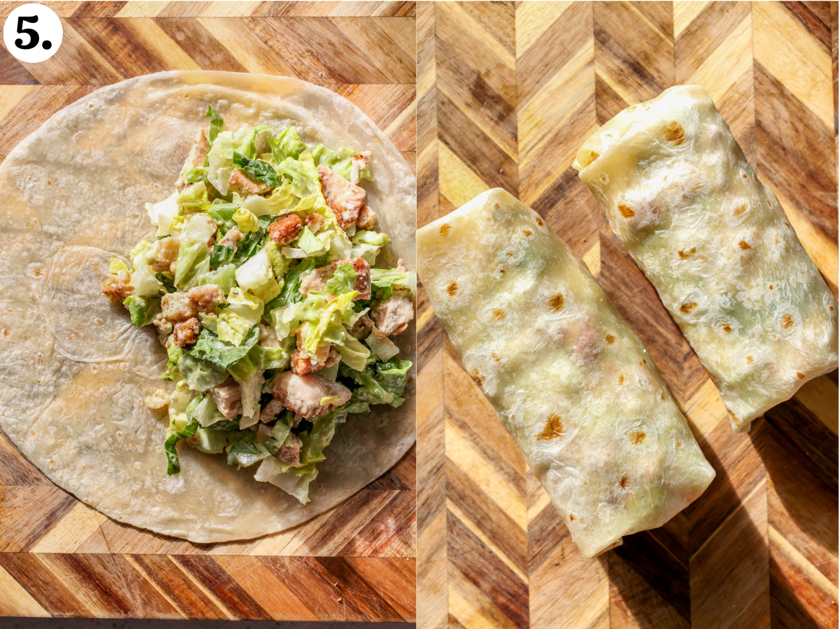 Chicken caesar salad mixture being added to a large flour tortilla and rolled into a wrap.