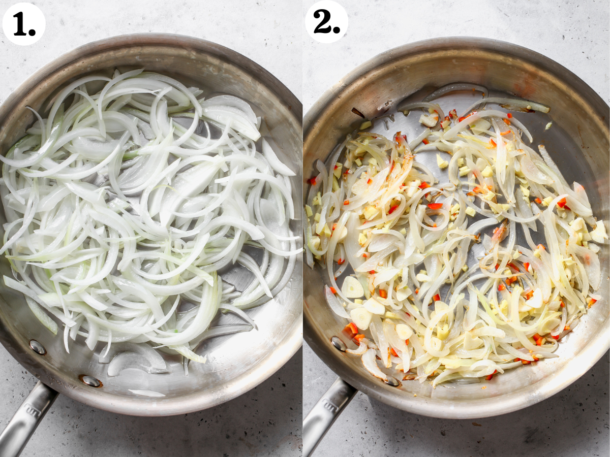 Onion and aromatics being sautéed in a large skillet.