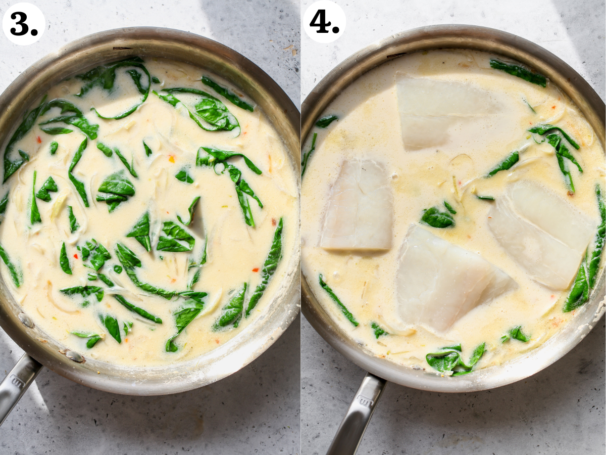 Coconut broth simmering in a skillet with spinach and white fish fillets being nestled in.