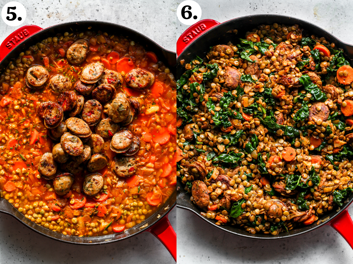 Sausage and kale being added to a pan of stewed lentils.