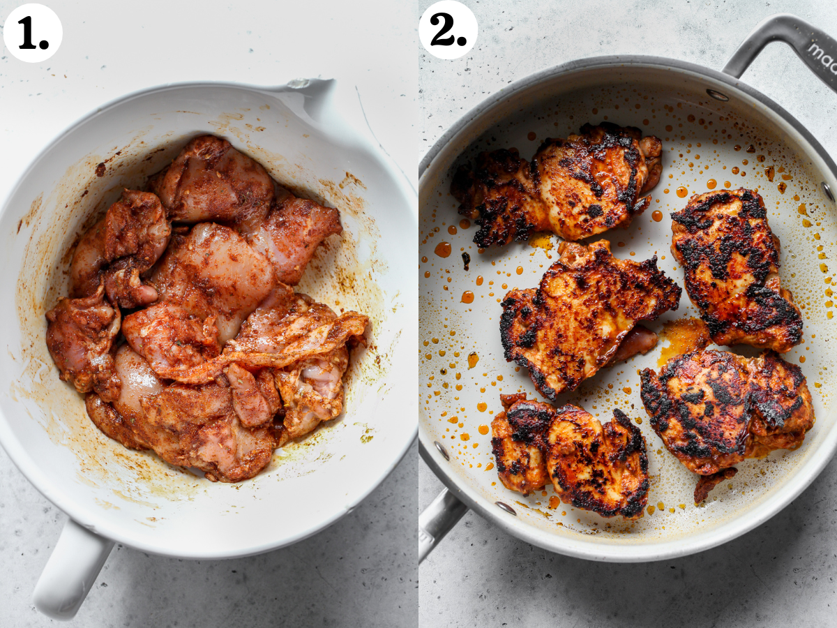 Chicken thighs being seasoned with taco seasoning and cooked in a large white sauté pan.