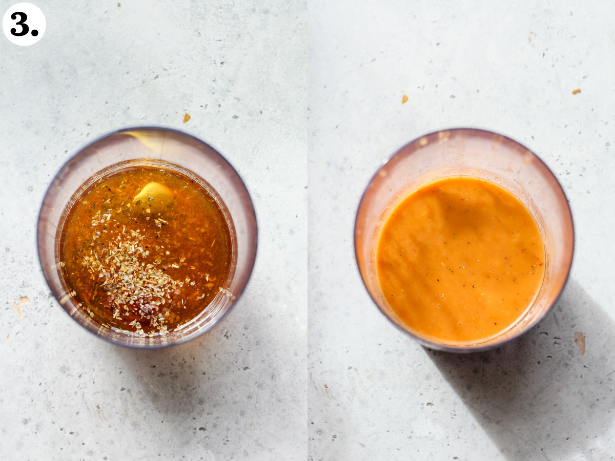 Chipotle vinaigrette being blended until smooth using an immersion blender.