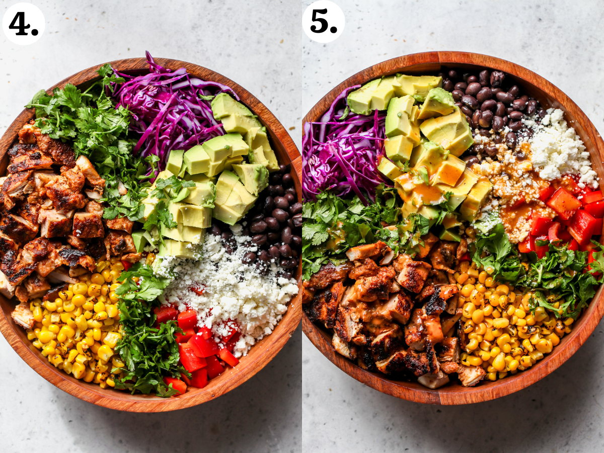 Salad ingredients being assembled in a large wooden bowl, and chipotle vinaigrette being poured overtop.