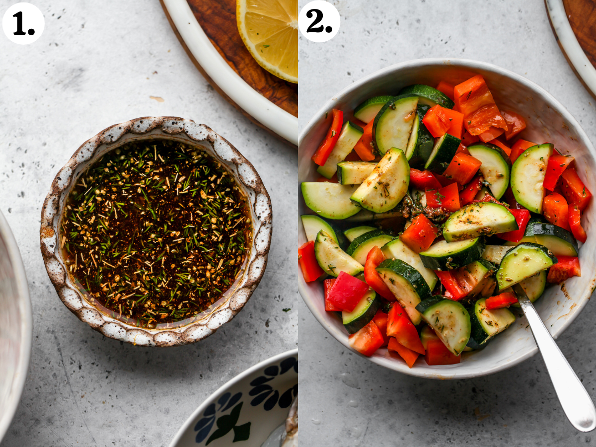 Lemon-paprika marinade mixed in a white bowl, and tossed with bell pepper and zucchini in a white bowl.