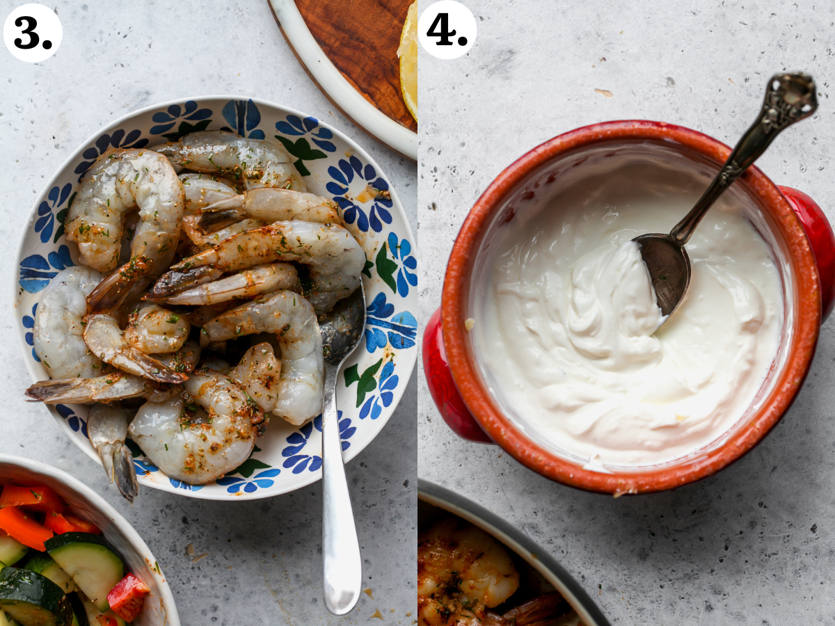 Marinade tossed with shrimp in a white bowl, and lemony yogurt mixed in a red bowl.