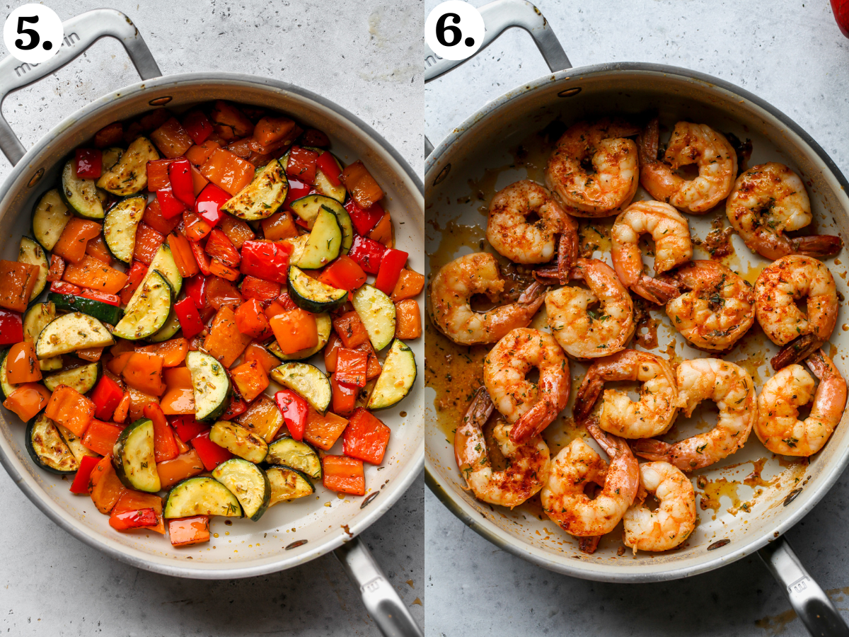 Bell peppers and zucchini being cooked until softened in a skillet, and shrimp being cooked until opaque in the same pan.