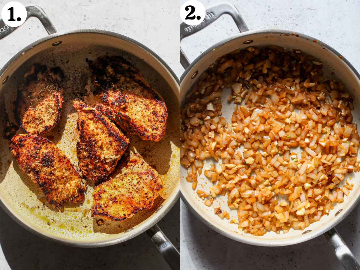 Seasoned chicken breasts being sautéed in a pan, and onion and garlic being sautéed until soft.