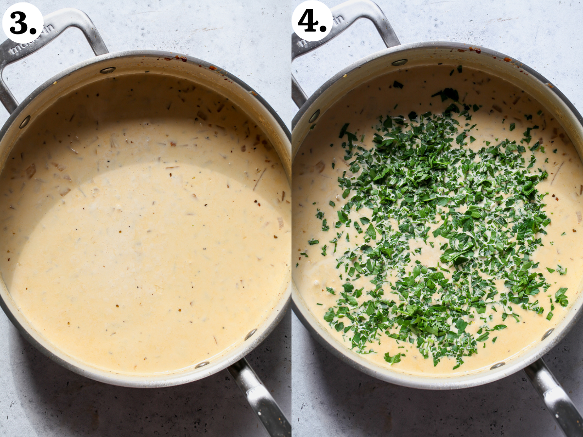 Heavy cream, broth, and parsley being added to pan with onion and garlic.