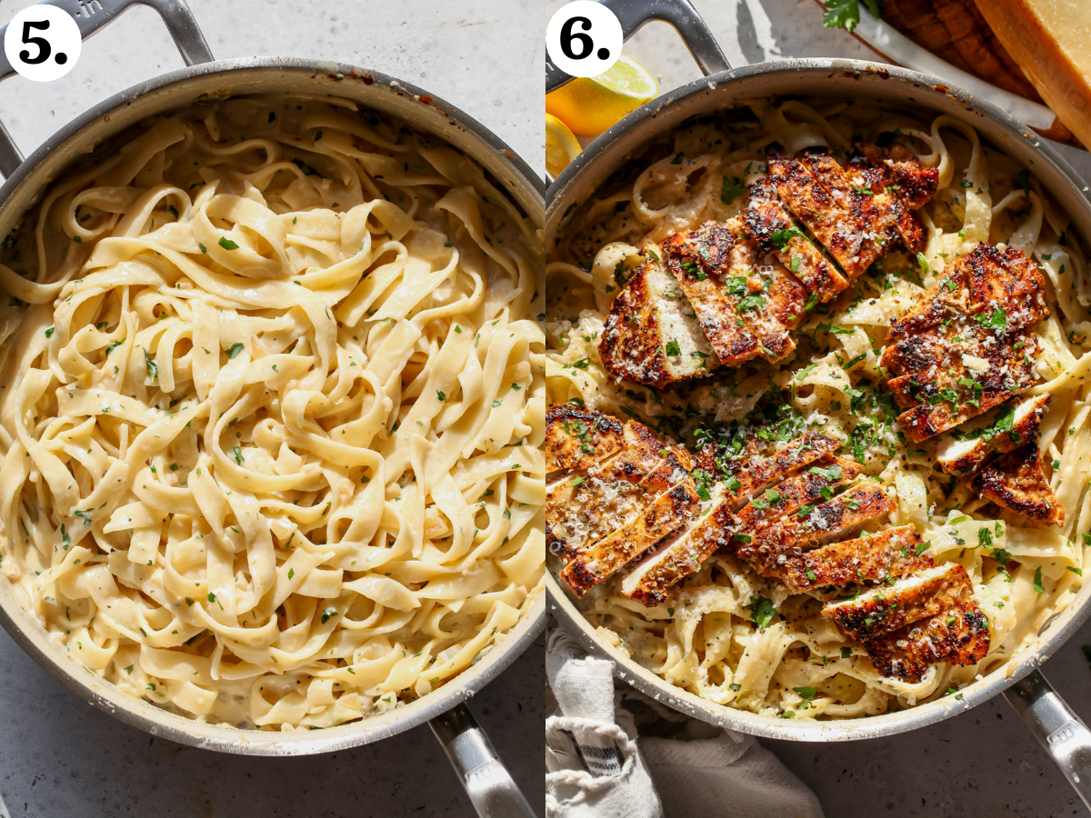 Pasta being added to a pan and tossed with creamy lemon sauce, and sliced chicken breasts arranged overtop.