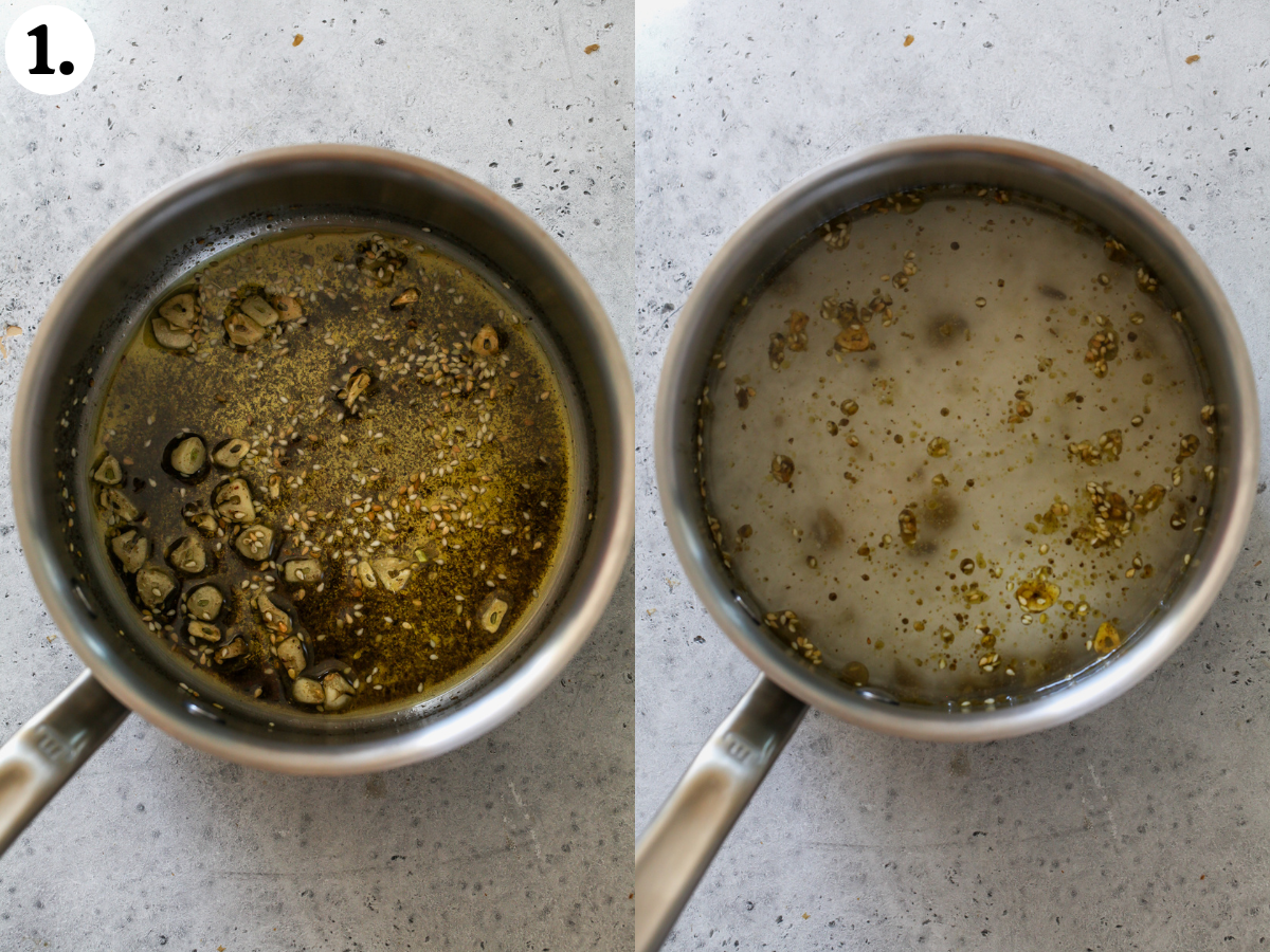 Garlic-za'atar rice being boiled in a small saucepan.