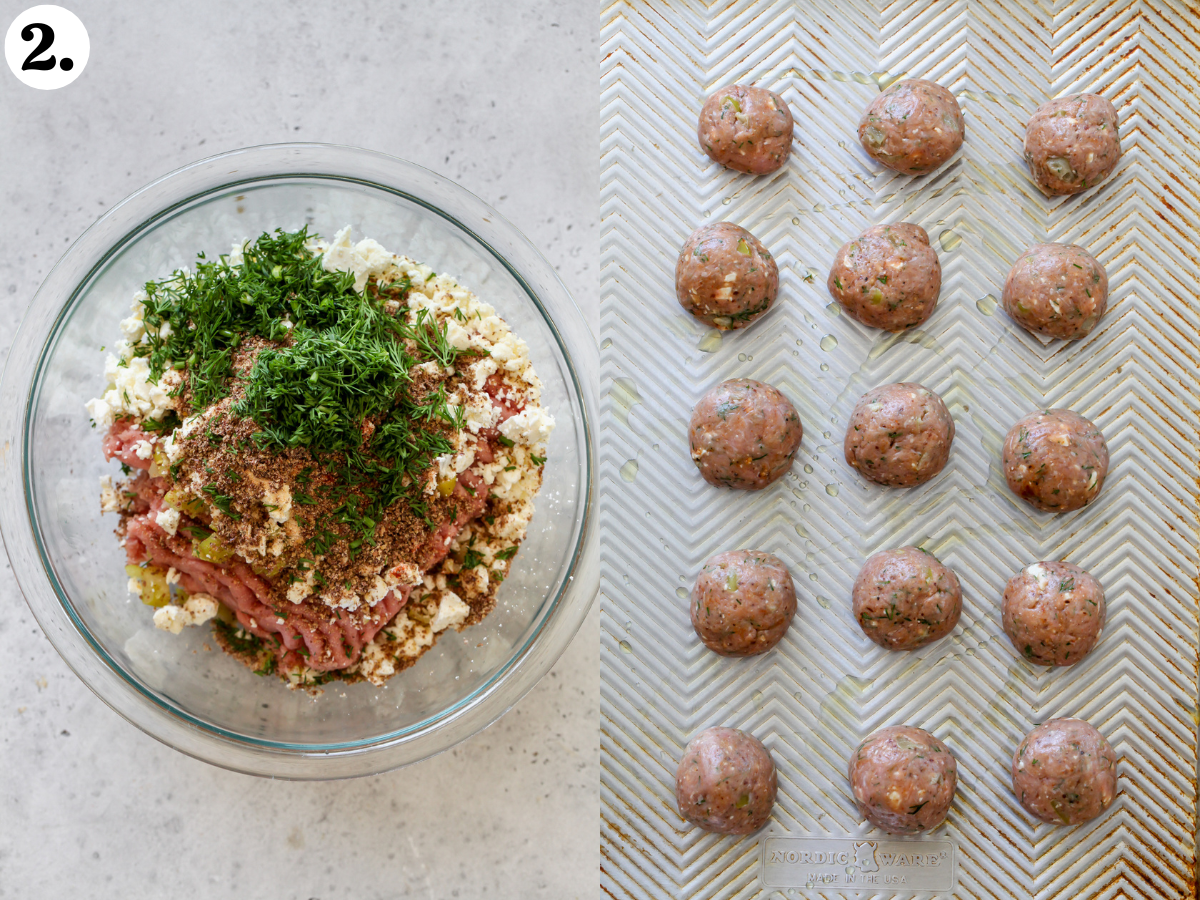 Turkey meatball mixture being combined in a bowl, and formed meatballs arranged on a silver baking sheet.