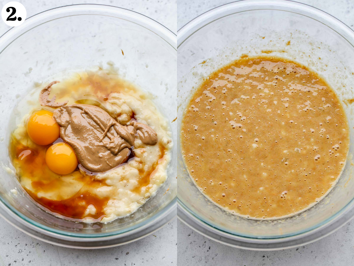 Eggs, nut butter, and vanilla being added to mashed banana.