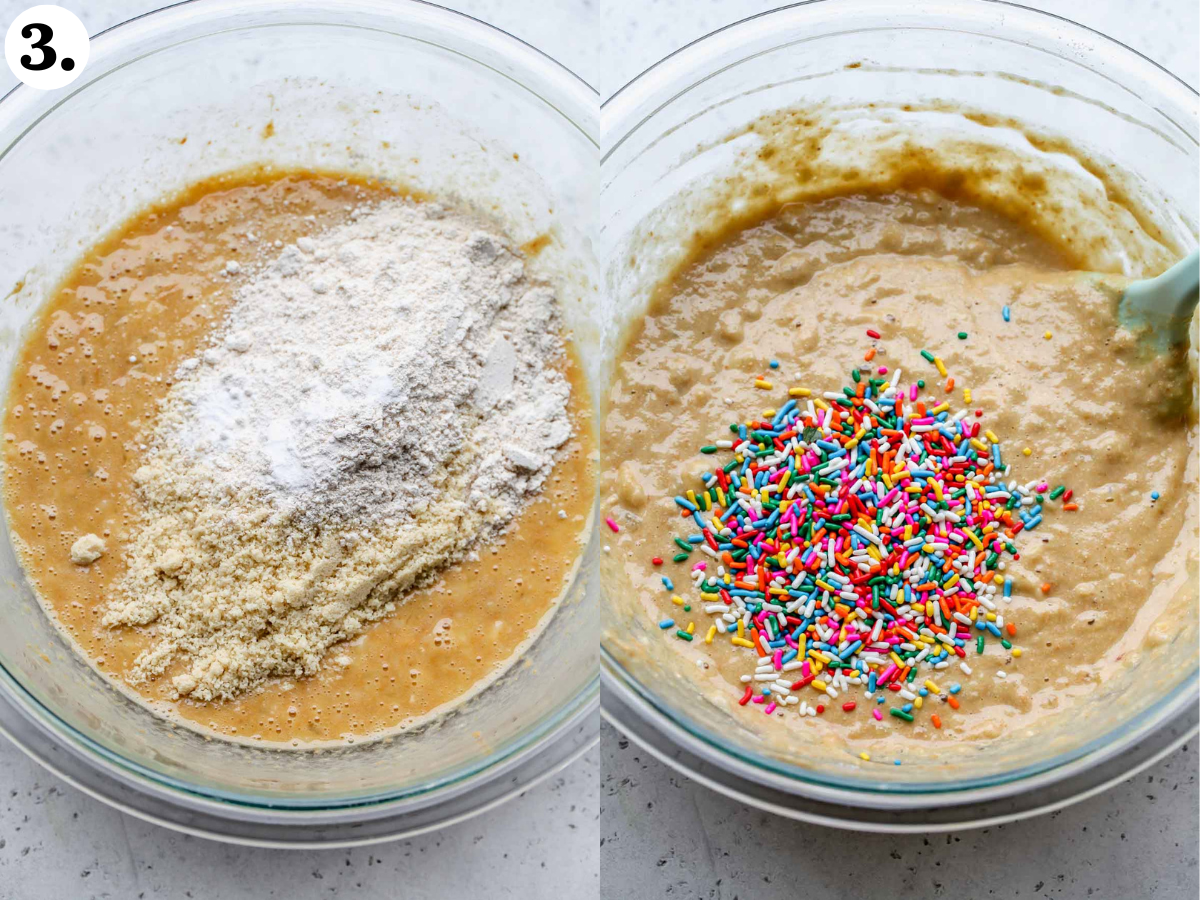 Dry ingredients being added to the bowl with wet ingredients and mixed. Sprinkles also being added into the batter.