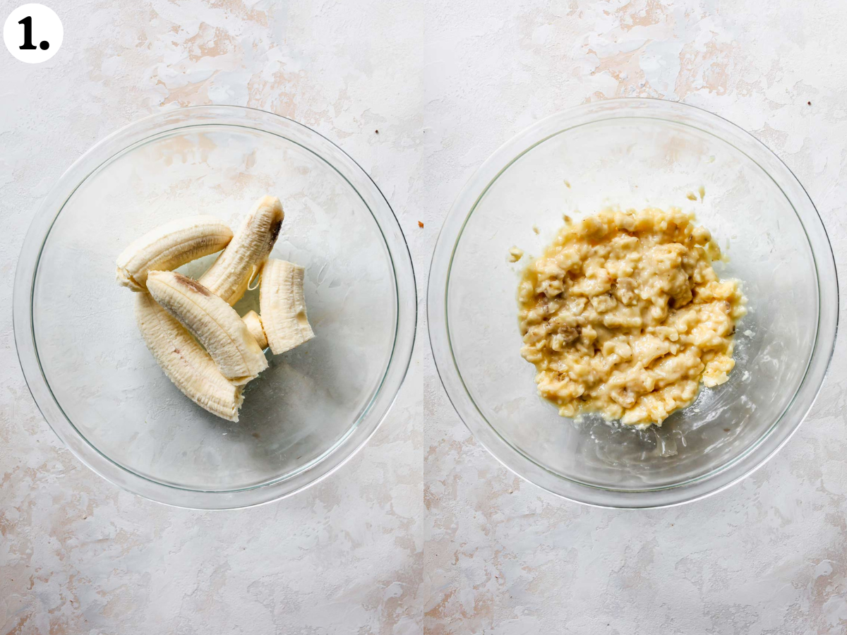 Ripe banana being mashed until smooth in a bowl.
