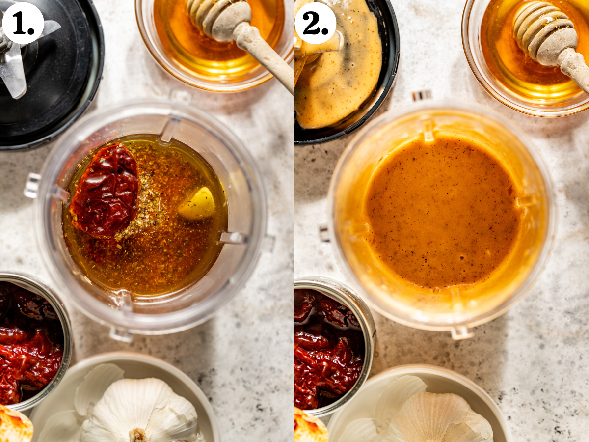 Oil, vinegar, chipotle peppers, garlic, honey, and spices being blended until smooth in a small blender.