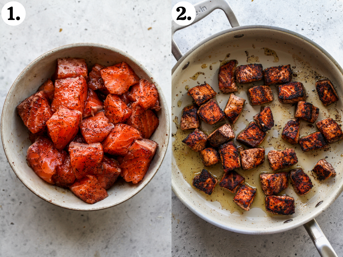 Cubes of salmon being coated in spices and sautéed in a pan until golden.
