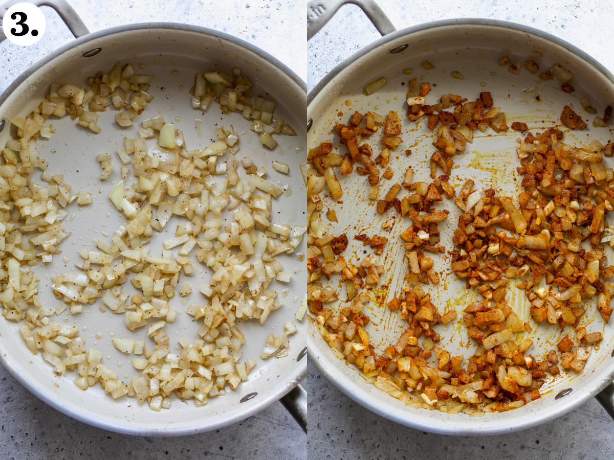 Diced onions being sautéed in a pan, and spices and garlic being mixed in and cooked until aromatic.