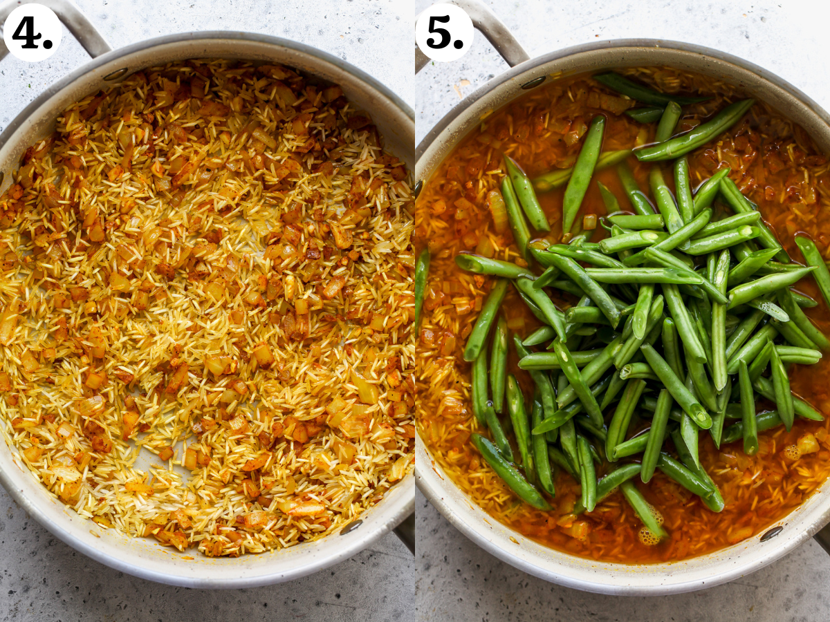 Rice being mixed into spice and onion mixture, and broth and green beans being added to pan.