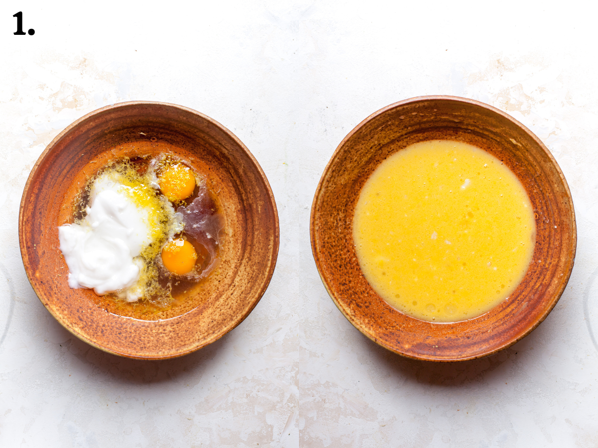 Eggs, yogurt, oil, and vanilla being whisked in a brown bowl.