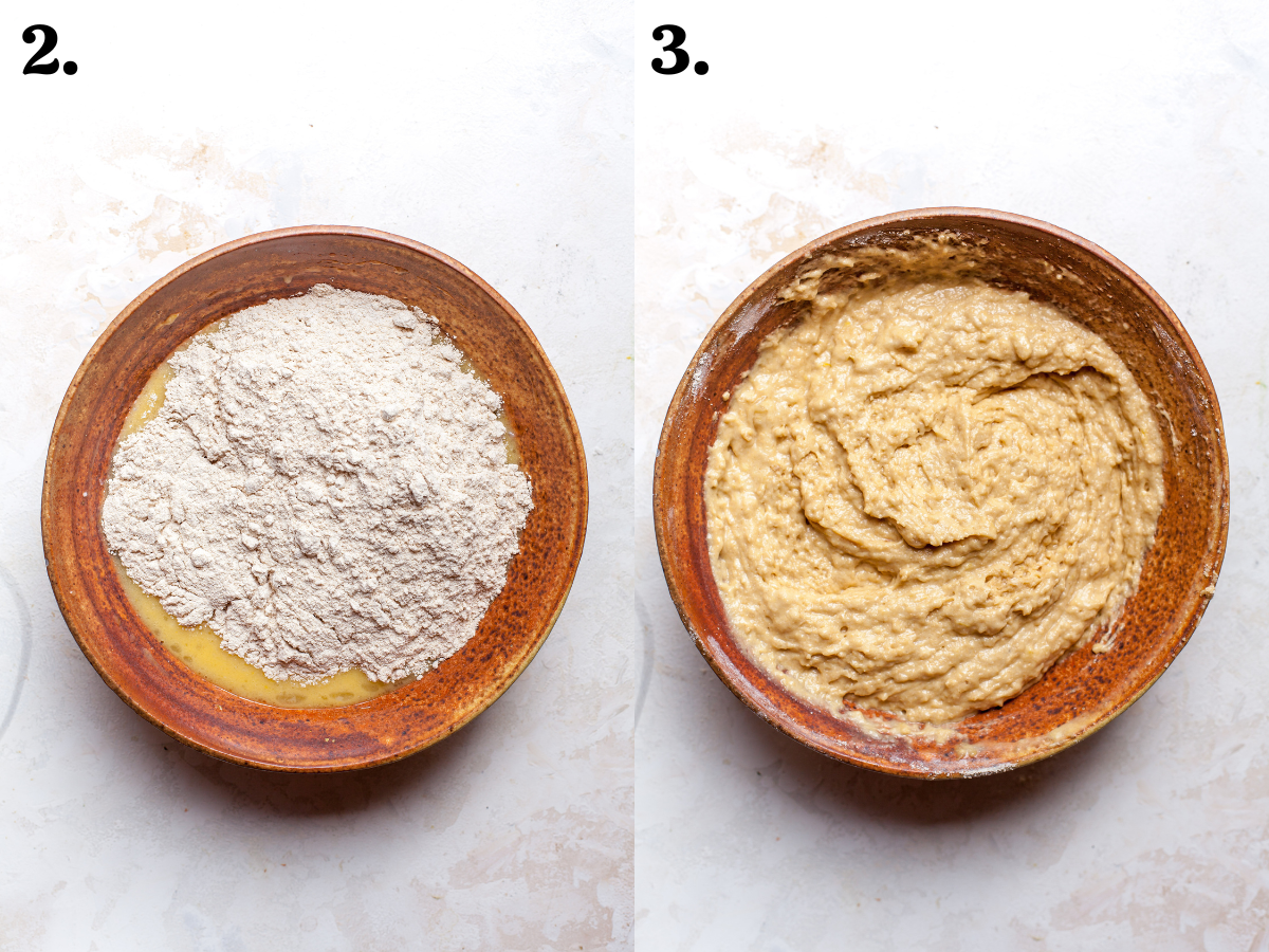 Dry ingredients being mixed and folded into bowl with wet ingredients.
