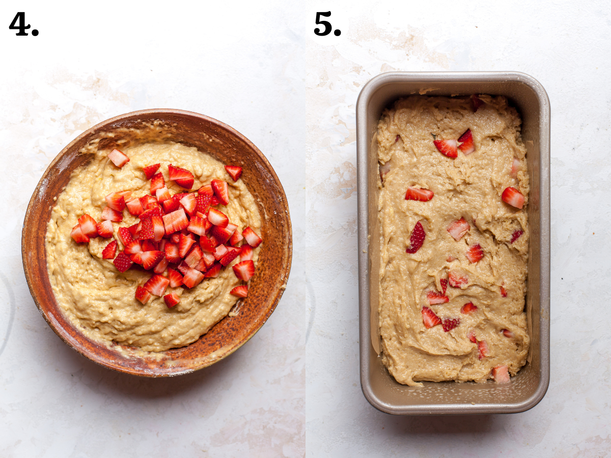 Strawberries being folded into batter and transferred to a prepared loaf pan.
