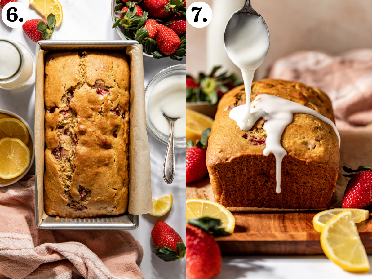 Lemon glaze being poured over cooled strawberry lemon bread.