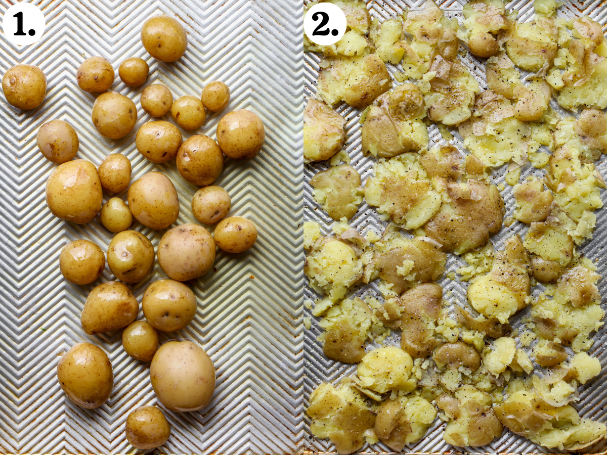 Baby potatoes being boiled and tossed in oil on a large baking sheet.