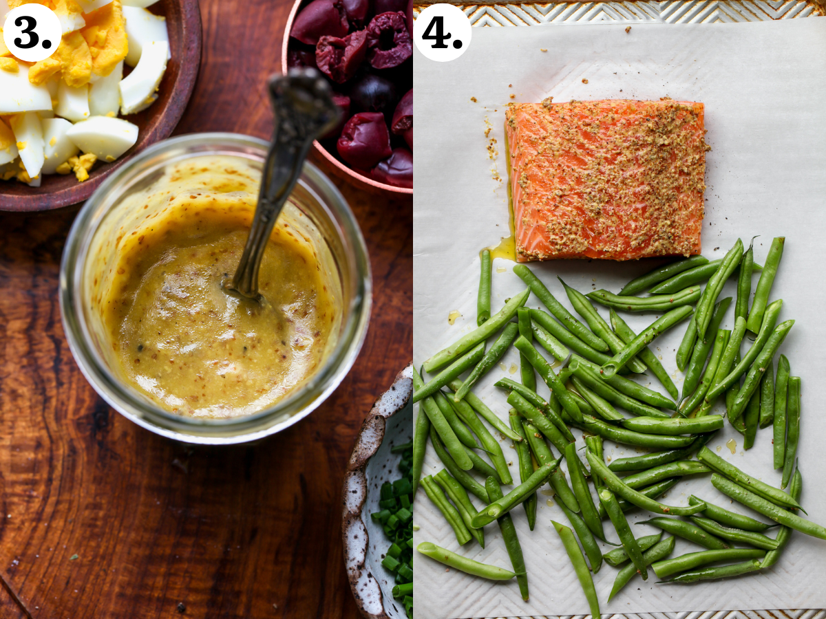 Dressing being mixed in a glass jar, and salmon and green beans arranged on a large baking sheet.